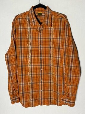 Vintage Timberland Orange Plaid Pearl Snap Western Shirt L Rodeo Stampede Cowboy